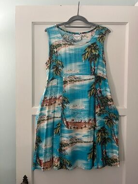 Sleeveless Turquoise Tropical Print A-Line Mini Dress